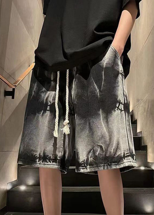 Unique Black Tie Dye Drawstring Denim Shorts Summer
