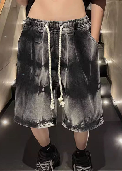 Unique Black Tie Dye Drawstring Denim Shorts Summer