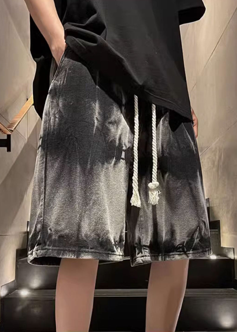 Unique Black Tie Dye Drawstring Denim Shorts Summer