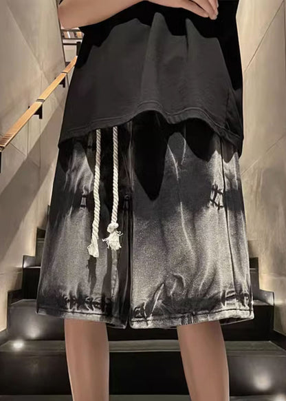 Unique Black Tie Dye Drawstring Denim Shorts Summer
