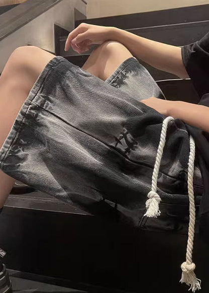 Unique Black Tie Dye Drawstring Denim Shorts Summer