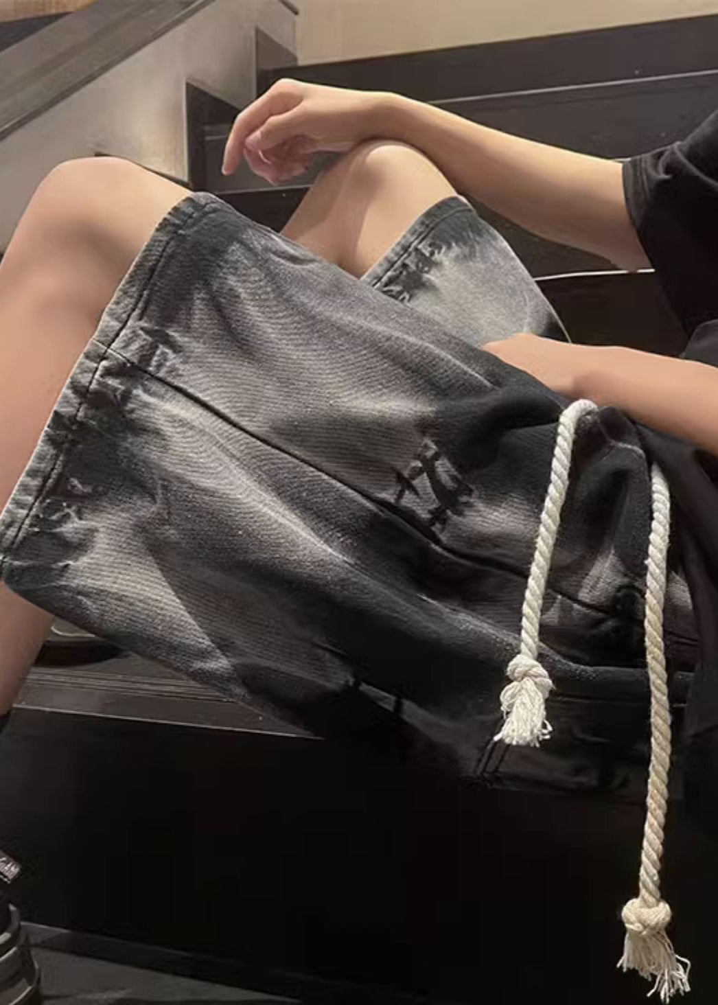 Unique Black Tie Dye Drawstring Denim Shorts Summer