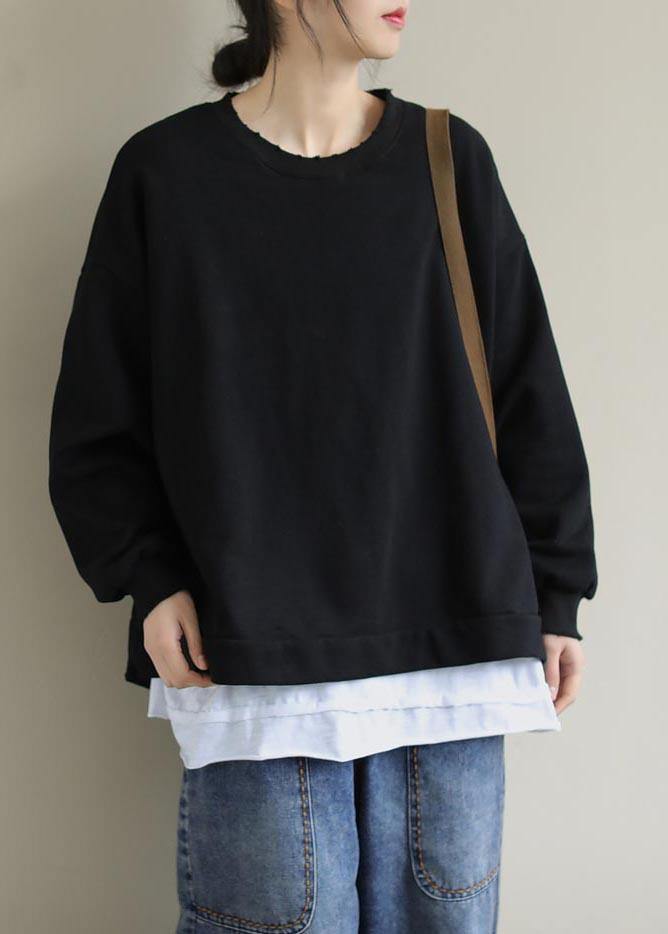 Unique Black Tunic Pattern O Neck False Two Pieces Short Spring Blouses