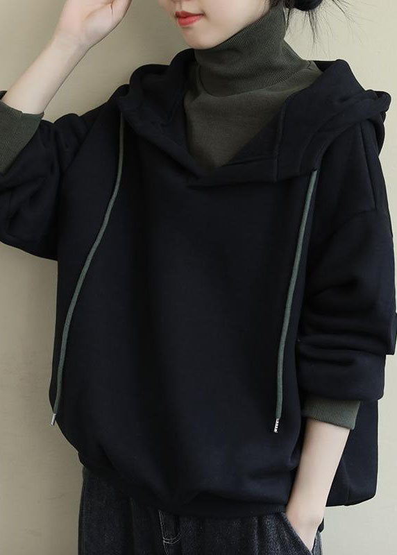 Unique Black Turtle Neck Drawstring Warm Fleece Loose Sweatshirt Winter