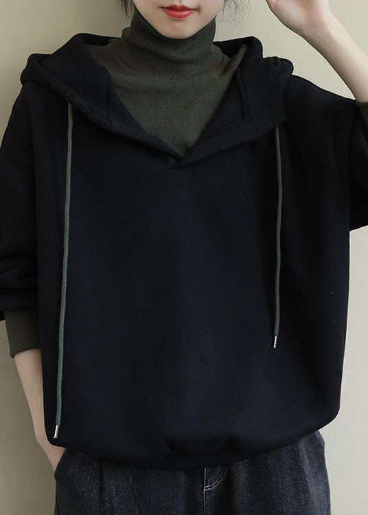 Unique Black Turtle Neck Drawstring Warm Fleece Loose Sweatshirt Winter
