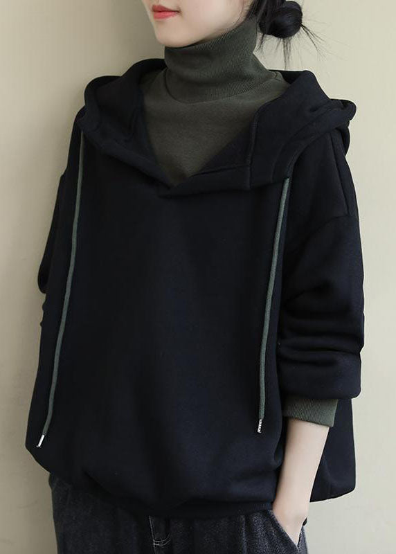 Unique Black Turtle Neck Drawstring Warm Fleece Loose Sweatshirt Winter