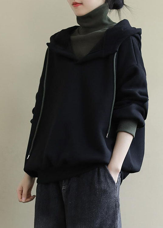 Unique Black Turtle Neck Drawstring Warm Fleece Loose Sweatshirt Winter
