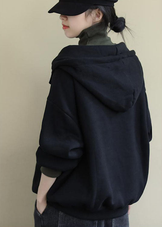 Unique Black Turtle Neck Drawstring Warm Fleece Loose Sweatshirt Winter