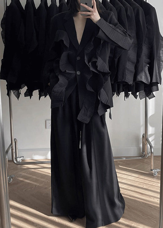 Unique Black V Neck Patchwork Coats and Wide Leg Pants Two Piece Set Long Sleeve