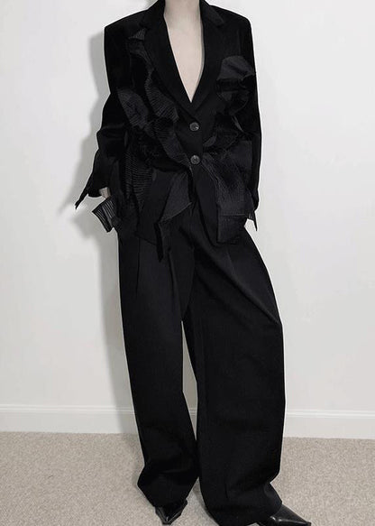 Unique Black V Neck Patchwork Coats and Wide Leg Pants Two Piece Set Long Sleeve