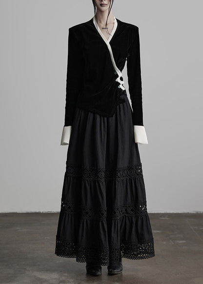 Unique Black V Neck Patchwork Silk Velour Top Spring
