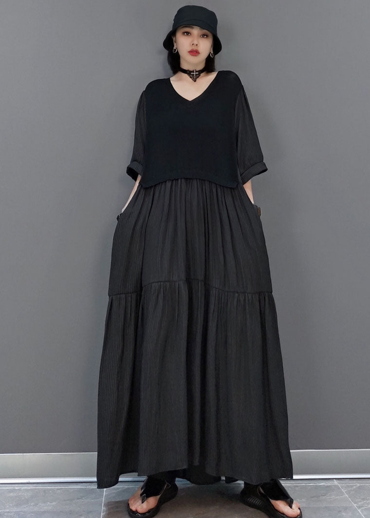 Unique Black V Neck Patchwork Long Dresses Half Sleeve