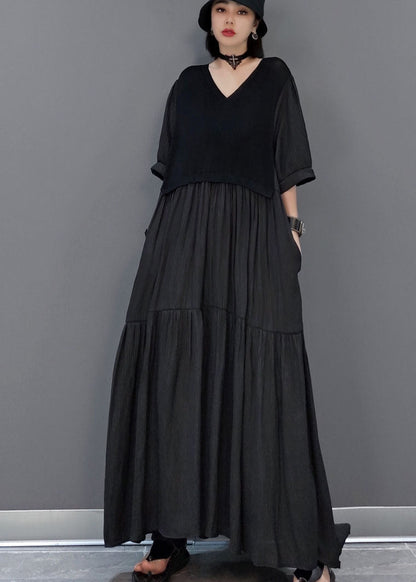 Unique Black V Neck Patchwork Long Dresses Half Sleeve