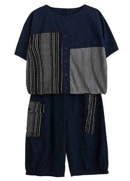 Unique Black Asymmetrical Design Linen Button Summer Two Pieces Set