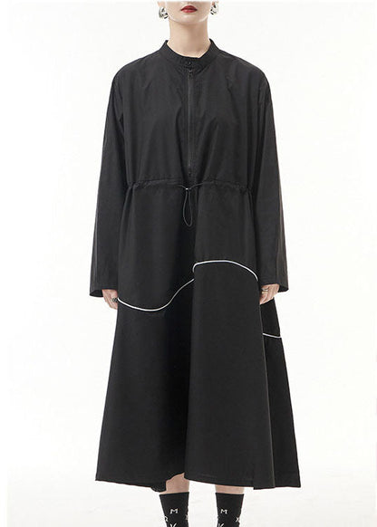 Unique Black Drawstring Zippered Stand Collar Dress Spring