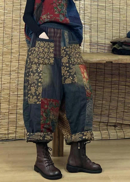 Unique Black Elastic Waist Pocket Patchwork Cotton Pants Spring