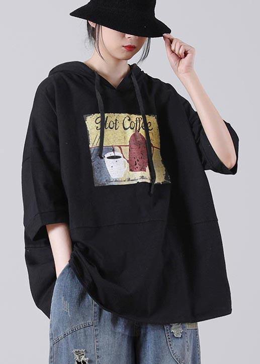 Unique Black Hooded Cotton Loose Sweatshirts Top