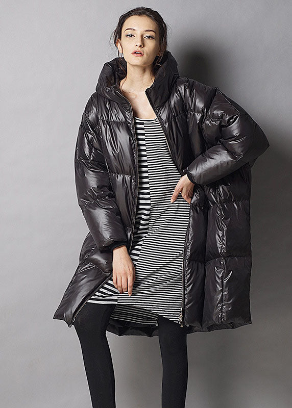 Unique Black Hooded Zippered Winter Duck Down Thick Down Coat