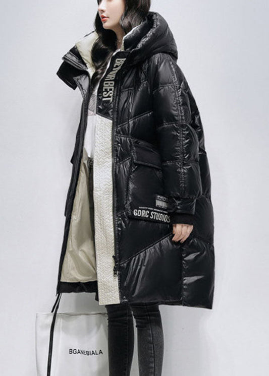 Unique Black Hooded Zippered Low High Design Winter Duck Down Coats
