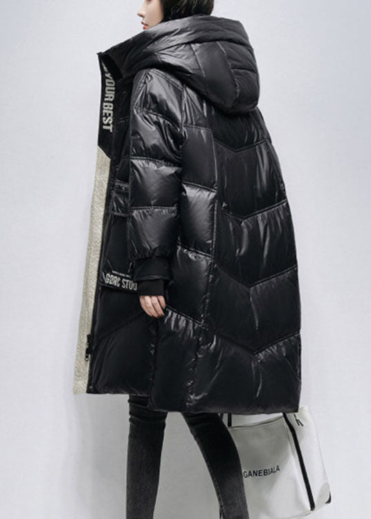 Unique Black Hooded Zippered Low High Design Winter Duck Down Coats