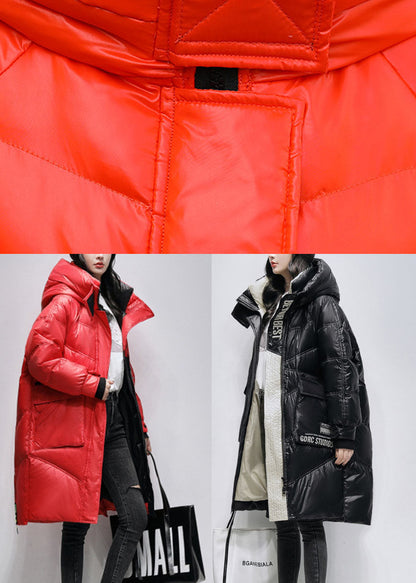 Unique Black Hooded Zippered Low High Design Winter Duck Down Coats