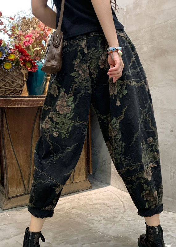 Unique Black Retro Cinched Print Denim Pants Trousers Spring