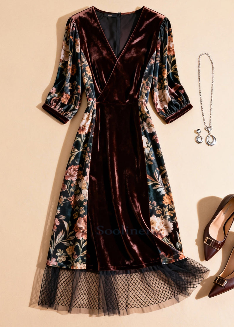 Unique Blackish Green Print Tulle Patchwork Silk Velvet Dresses Half Sleeve