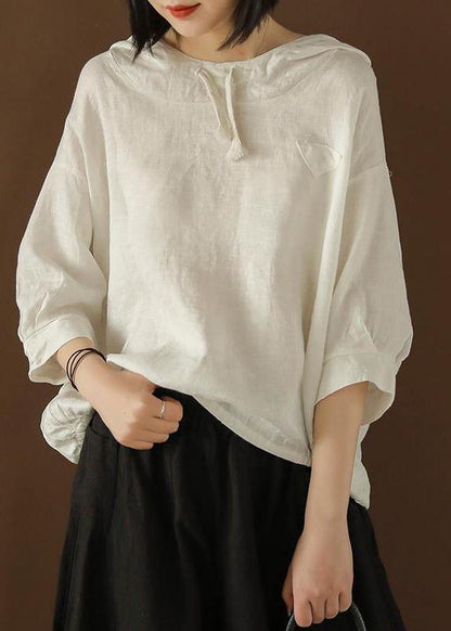 Unique Blouse Indian Linen Summer Literary Purple Flowers Hooded Three Quarter Sleeve T-shirt