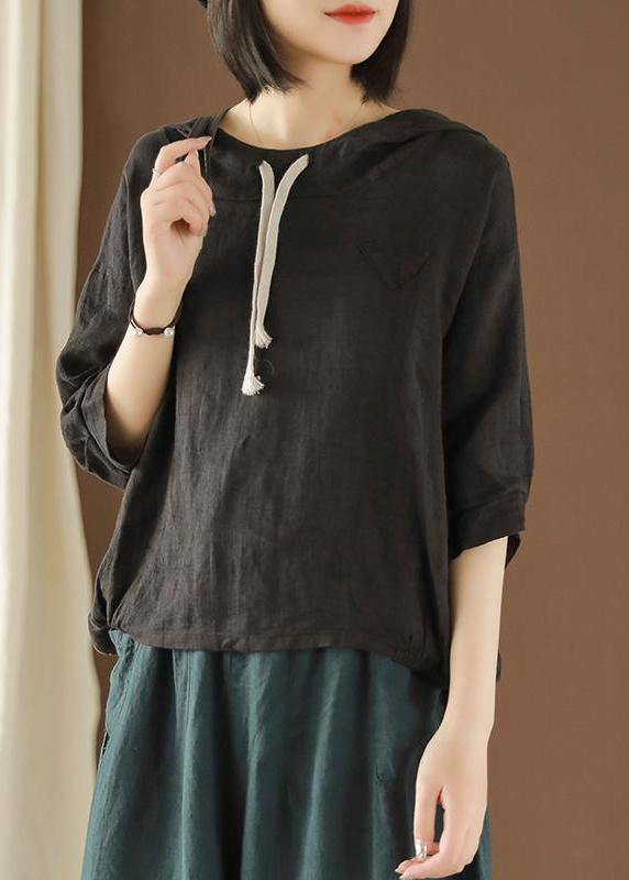 Unique Blouse Indian Linen Summer Literary White Flowers Hooded Three Quarter Sleeve T-shirt