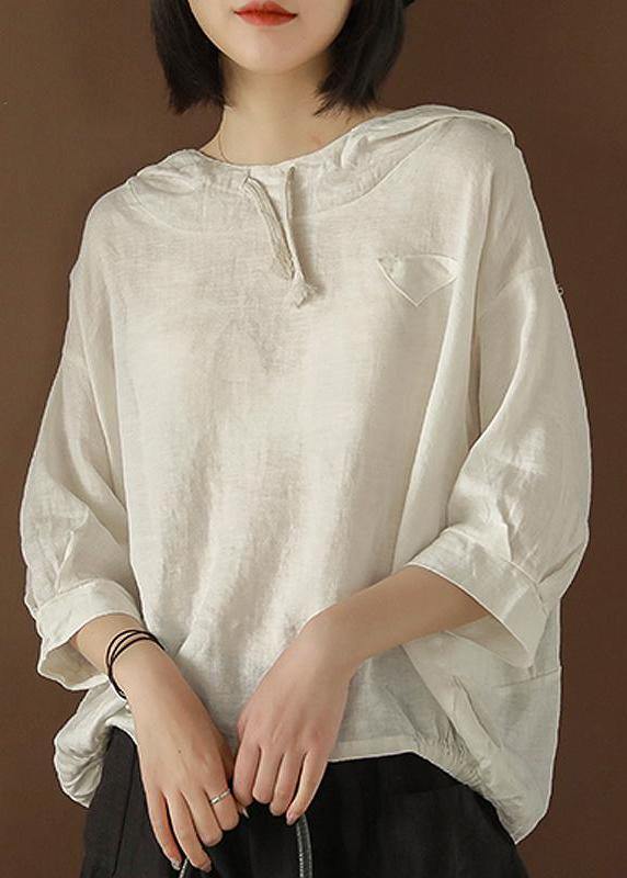 Unique Blouse Indian Linen Summer Literary White Flowers Hooded Three Quarter Sleeve T-shirt