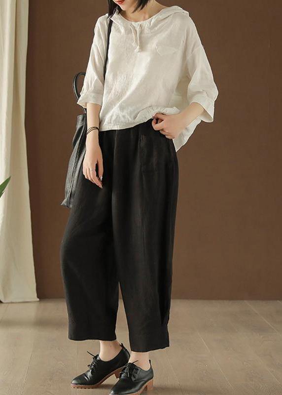Unique Blouse Indian Linen Summer Literary White Hooded Three Quarter Sleeve T-shirt