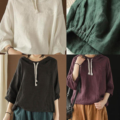 Unique Blouse Indian Linen Summer Literary White Flowers Hooded Three Quarter Sleeve T-shirt