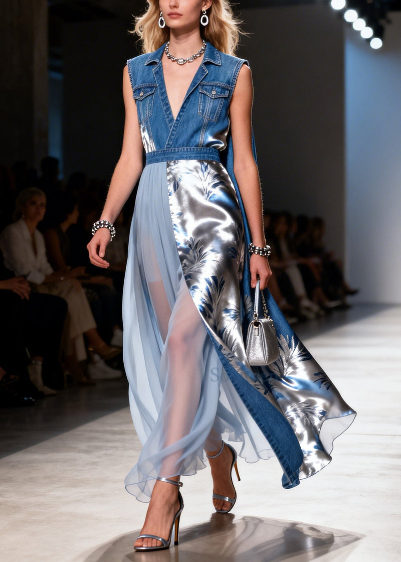 Unique Blue Asymmetrical Patchwork Denim Tunic Dress Summer