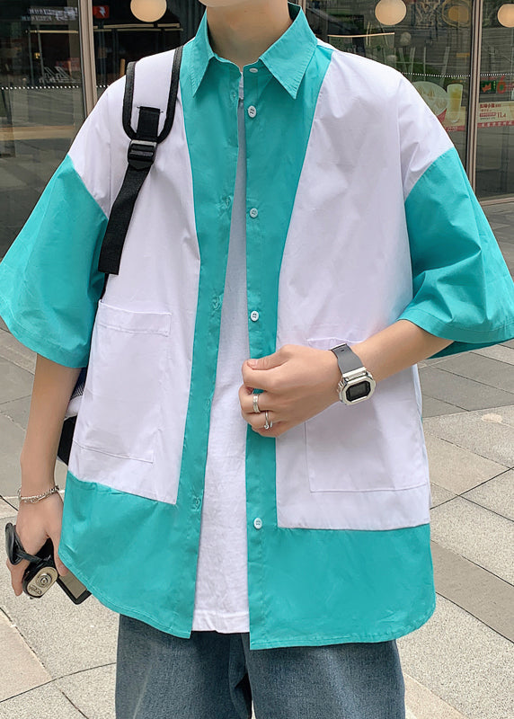 Unique Blue Button Pockets Patchwork Cotton Shirt Half Sleeve