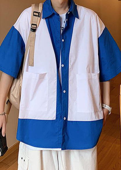 Unique Blue Button Pockets Patchwork Cotton Shirt Half Sleeve