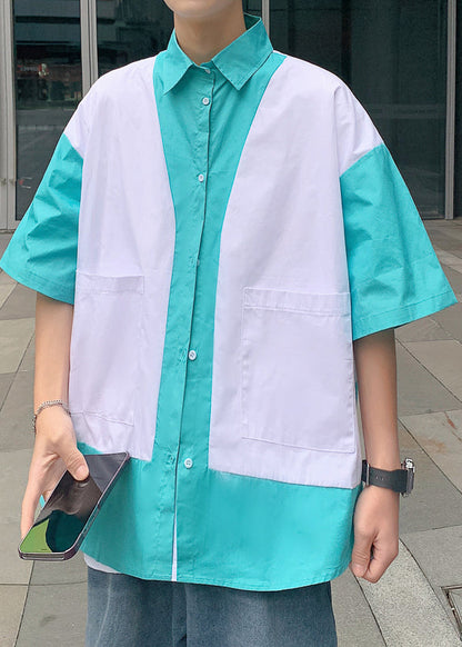 Unique Blue Button Pockets Patchwork Cotton Shirt Half Sleeve