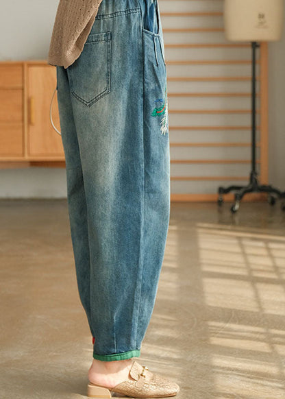 Unique Blue Pockets Embroideried Harem Fall Denim Pants