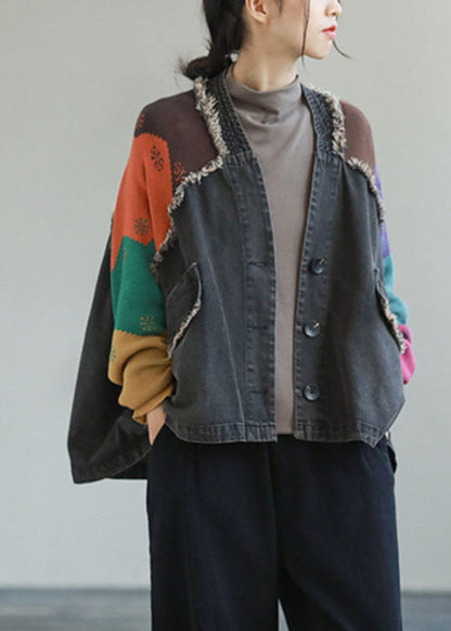 Unique Blue Denim Patchwork Knit Pockets Button Fall Coat Long Sleeve