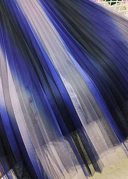 Unique Blue Elastic Waist Gradient Color Wrinkled Tulle a Line Skirts Spring