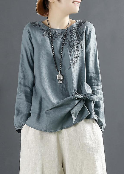 Unique Blue print Tops Women O Neck Cotton Blouses