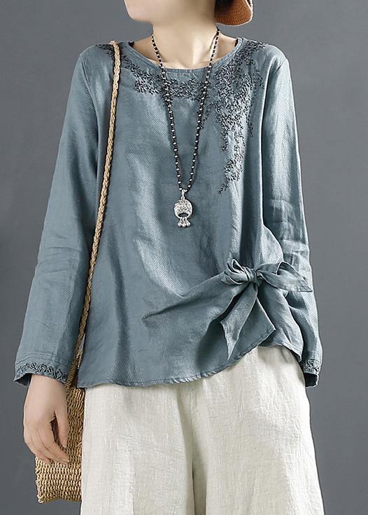 Unique Blue print Tops Women O Neck Cotton Blouses