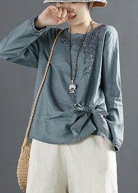 Unique Blue print Tops Women O Neck Cotton Blouses