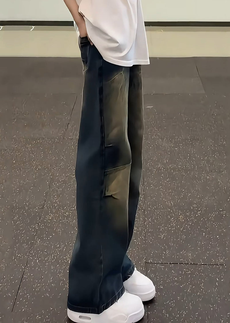 Unique Blue Gradient Pockets Denim Pants Fall