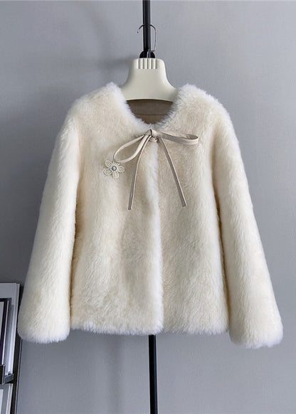 Unique Blue O Neck Bow Decorated Wool Jacket Winter