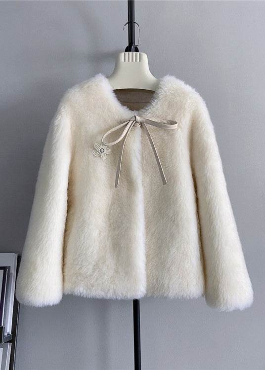 Unique Blue O Neck Bow Decorated Wool Jacket Winter