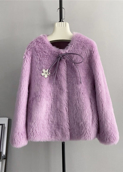 Unique Blue O Neck Bow Decorated Wool Jacket Winter