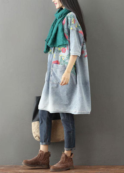 Unique Blue O-neck Pockets Print Fall Denim Dresses Half Sleeve