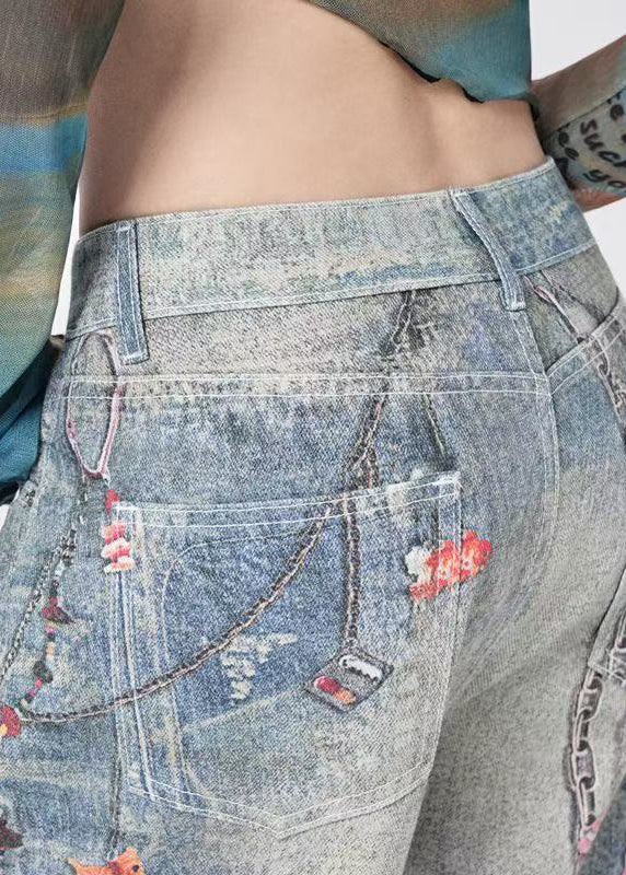 Unique Blue Oversized Print Denim Wide Leg Pants Spring