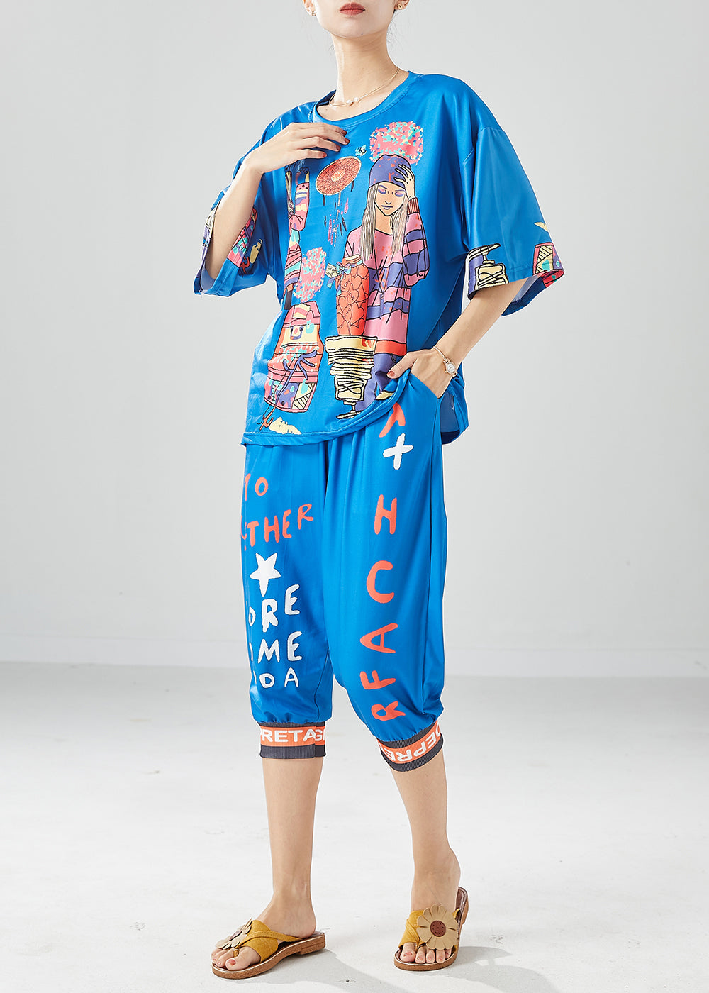 Unique Blue Oversized Print Silk Tops and Pants Two Pieces Set Summer
