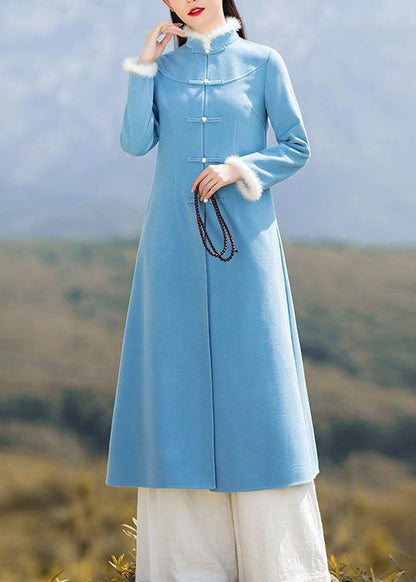 Unique Blue Patchwork Chinese Button Woolen Coat and Pants Two Pieces Set Spring